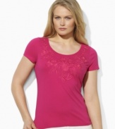 Tonal floral embroidery adds feminine style to Lauren by Ralph Lauren's classic plus size cotton tee.