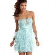 Grace your next fete with Hollywood starlet style in this rhinestone and organza-ruffled party dress from B Darlin!