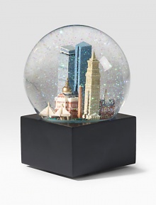 EXCLUSIVELY OURS. Specks of iridescence float around the landmarks of Boston including: Quincy Market, Hancock Tower, Fanueil Hall Glass dome and resin figures Plays Yankee Doodle 6 high Imported