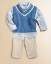 Preppy to perfection, this classic knit is embellished with contrasting stripes for a stylish look. V-neckSleevelessPullover styleCottonMachine washImported