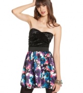 Velvet and floral prints make an unexpected – and totally cute – pairing on Material Girl's strapless dress!