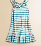 Sweet bows, stripes and flirty ruffles are the perfect frilly, feminine adornments for this a-line frock.Ruffled jewelneckSleevelessPullover styleA-line silhouetteRuffled hem51% spandex/49% cottonMachine washImported