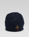 An ultra cozy wool beanie in a chunky tricot knit with webbed signature stripes and leather patch trim.Ribbed knit pull-on styling Detail at edge Wool Made in Italy