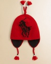 An earflap hat is updated with an intarsia-knit Big Pony for signature style and warmth.Braided tassels tie underneath chinEarflapsFleece-linedCottonMachine washImported