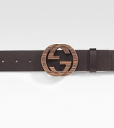 Leather belt with interlocking G wood buckle. Wood-covered palladium buckle 1.6 wide Made in Italy 