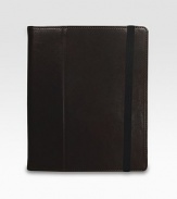 Hinged leather cover folds back to create a stable easle, allowing you to work horizontally or vertically. Four inner leather-wrapped corners and a chamois-cloth lining secure and protect your iPad.Hand-crafted leather8W X 9¾HMade in USA