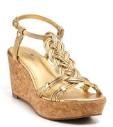In gleaming gold, the braided Becca T-strap wedges are toned down with a cork wedge. From kate spade new york.