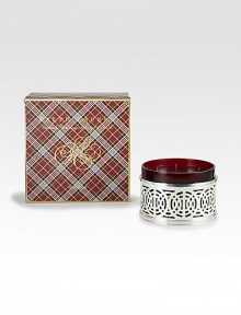 Encased in an ornate polished nickel holder, a lovely juniper, evergreen and currant-scented candle will infuse your home with fragrant holiday cheer.Glass, Silver-plated brassSoy blend wax42 oz.Made in USA Encased in an ornate polished nickel holder, a lovely juniper, evergreen and currant-scented candle will infuse your home with fragrant holiday cheer.Glass, Silver-plated brassSoy blend wax42 oz.Made in USA