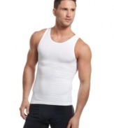Seamless and sleeveless for full no-show coverage, this form-fitting tank from One Flat Jack does all the work under your shirt for a sleek, slimmed down effect.