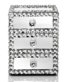 More than earrings and necklaces will sparkle with Leeber's fabulous Mirrored jewelry box, featuring reflective glass trimmed with faceted beads. Three drawers keep all your trinkets in top-notch shape. More than earrings and necklaces will sparkle with Leeber's fabulous Mirrored jewelry box, featuring reflective glass trimmed with faceted beads. Three drawers keep all your trinkets in top-notch shape.