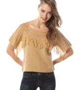 Open knit details and fringe add a vintage appeal to this Material Girl cropped top -- adorable over high-waisted denim!