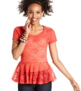 Fancy that: dainty lace and a sweet peplum hem band together with charm on this utterly cute top from Fresh Brewed.