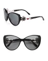 From the Mediterranean Flower Collection. These limited edition frames feature a gentle, faceted butterfly shape with dazzling crystal accented flower temples. Available in black with grey lens or cocoa brown with brown gradient lens. Crystal accented, flower logo temples100% UV protectionMade in Italy 