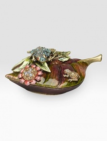 From the Meadow Collection. A charming tableau, presenting two jeweled frogs atop a lily-pad shaped hinged box of handcrafted enamel with glittering Swarovski crystal accents. Brass-plated pewter with handcrafted enamel and crystal 4½L X 1H X 2½D Made in USA From the Meadow Collection. A charming tableau, presenting two jeweled frogs atop a lily-pad shaped hinged box of handcrafted enamel with glittering Swarovski crystal accents. Brass-plated pewter with handcrafted enamel and crystal 4½L X 1H X 2½D Made in USA