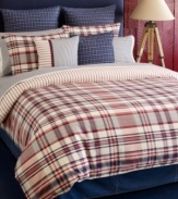 For an All-American look, dress your bed in this Tommy Hilfiger Vintage Plaid duvet cover set. A red, white & blue plaid landscape reverses to a contrasting, striped design for extra dimension. Button closure.