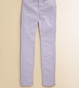 Styled like jeans, skinny like leggings, with a touch of stretch that active girls crave.Front button and zip flyBelt loopsFaux front pocketsBack patch pocketsCotton/Lycra spandexMachine washMade in USA of imported fabric