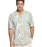 Everywhere you are is a tropical paradise when you are wearing this floral patterned shirt from Tommy Bahama.