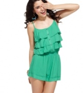 From the emerald hue to the fluttery tiers, this romper from Sequin Hearts has all of the right components to get you through your day with cabana-hot style!