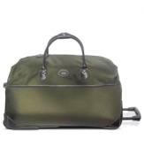 The versatility of this durable rolling duffel is unmatched.  Simply swing over your arm or effortlessly maneuver this bag on its two spinner wheels for convenient travel that leaves no detail behind. The rear compartment zipper lets you stash away last minute necessities, so you're always prepared. 2-year warranty.