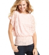 Create an ultra-feminine look with BCX's lace blouson top -- a flirty companion to your trusty jeans or sleek pencil skirts!