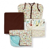 A boldly colored alphabet features animals, flora and fauna-cats, dogs, birds, lions, apples, trees and more. This bumper-free 4-piece set includes the complete sheet, airflow wearable blanket, linen crib skirt and nursery blanket.The American Academy of Pediatrics and the U.S. Consumer Product Safety Commission have made recommendations for safe bedding practices for babies. When putting infants under 12 months to sleep, remove pillows, quilts, comforters, and other soft items from the crib.
