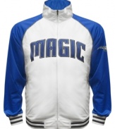 The Most Valuable Fan wears this baseball style running jacket featuring the Orlando Magic by Majestic.