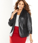 Cool coated fabric gives INC's fitted plus size blazer a slight sheen. Perfect for adding an edgy touch to everything from jeans to a little black dress!