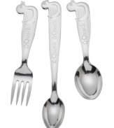 Three young ducks get your little tyke fed and ready to leave the nest. Baby fork, baby spoon and feeding spoon handles stamped with ducky sounds end in the shape of adorable birds.