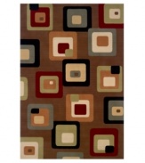 Modern and eye-catching, this rug features an allover pattern of concentric squares in complementary shades of deep red, slate blue, olive and beige against a chocolate brown ground, lending a sense of intrigue as well as comfort to the room. Hand carved of plush 100% New Zealand wool.