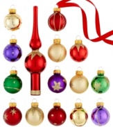 Take your tree from bare to brilliant with one set of Kurt Adler Christmas ornaments. A red tree topper and miniature glass balls in a mix of colors and patterns put together a dazzling display.