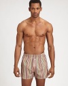Soft cotton with handsome stripe pattern and elastic waistband for added comfort.Two-button elastic waistbandInseam, about 3½CottonMachine washImported