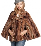 Play with pattern and get wild: faux fur in a mix of prints updates an on-trend cape from Jou Jou!