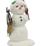 A snowman taking the ice in stride, this Byers' Choice figurine carries a new pair of skates over her arm and wears a striped hat that's perfect for the season.