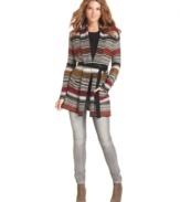 Southwestern patterns and classic blanket coats inspire BCBGMAXAZRIA's cool cardigan. Style it cute and casual with jeans and tee or glam it up with a flowing maxi dress