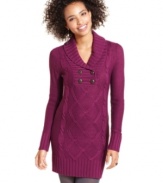 Snuggle-up in Pink Rose's cable-knit sweater dress. The cozy shawl collar and winter-ready design makes this dress the perfect match to tights and a pair of tall boots.