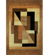 Evoking the distinct, intricate artwork of cubism, this rug features rectangles, squares and triangles in rich brown hues, black and neutral tones. A light sienna border encompasses the center, finishing the rug with understated beauty. Hand-tufted and hand-carved of plush wool.