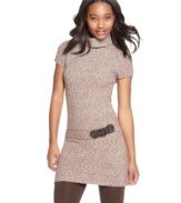 Stay warm during chilly months with this belted, marled knit sweater dress from JJ Basics!