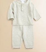 A luxurious set for baby features an adorable sweater and matching pant rendered in sumptuous cotton knit for style and comfort. Cardigan Rolled neckLong sleeves with rolled cuffsButton-front Pants Elastic waistband with drawstring bowRolled hemCottonDry cleanImported Please note: number of buttons may vary depending on size ordered. 