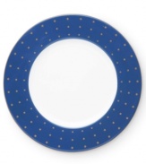 Set the table with poise and purpose. The Library Lane accent plate features a bold navy band with small gold polka dots.