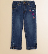 A vivid floral embroidery adorns these slightly faded jeans with adjustable waistband and a little stretch for the perfect fit.Front button closureAdjustable waistband with belt loopsZip flyFive-pocket styleSide-vented hem98% cotton/2% spandexMachine washImported