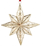 Star of wonder, star of light. Add a touch of delicate beauty to your tree with this stunning ornament complete with a lustrous Capiz shell base and shining gold frame. With red ribbon hanging thread.