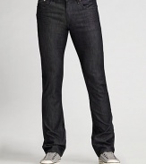 Saturated, dark-wash denim is designed with a slim fit through the waist and relaxed, straight legs. Five-pocket style Zip fly Inseam, 33/34 Cotton/elastene; machine wash Imported