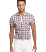 This plaid shirt from Marc Ecko Cut & Sew adds a pop of pattern to your casual look.