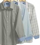 Round out your dressy-casual look with this no-iron patterned dress shirt from Van Heusen.