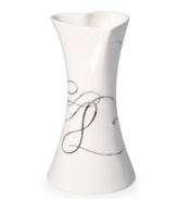 Budding romance. A loopy platinum design and heart-shaped opening define this Love Story vase with elegant whimsy. In lustrous white porcelain from Mikasa.