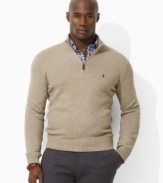 Tailored for a comfortable classic fit in luxuriously soft, cashmere-like cotton, a long-sleeved mockneck pullover sweater exudes polished style. (Clearance)