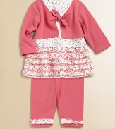 A ruffled, polka-adorned tunic with attached faux cardi is paired with matching leggings for a charming ensemble. Tunic CrewneckLong sleevesBack snapsRuffled hem Pants Elastic waistbandRuffled hem90% cotton/10% polyesterMachine washImported Please note: Number of snaps may vary depending on size ordered. 