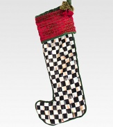 Hang this stocking by the chimney with care, in Courtly Check velvet with a luxuriously embroidered cuff.HandmadeVelvet holly leaves and berriesSilky liningCotton/rayon velvet27L; 10 top openingSpot cleanImported