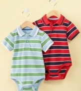 Stripes keep him stylish while this bodysuit from First Impressions keeps him comfortable.