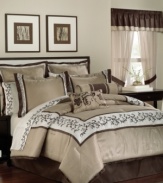 Traditional elegance, redefined. An embroidered flourish design accents tones of taupe, ivory and mocha for a classic look perfect in any season. This extensive Genova room in a bag also includes window treatments for a stylish, coordinated appeal. (Clearance)